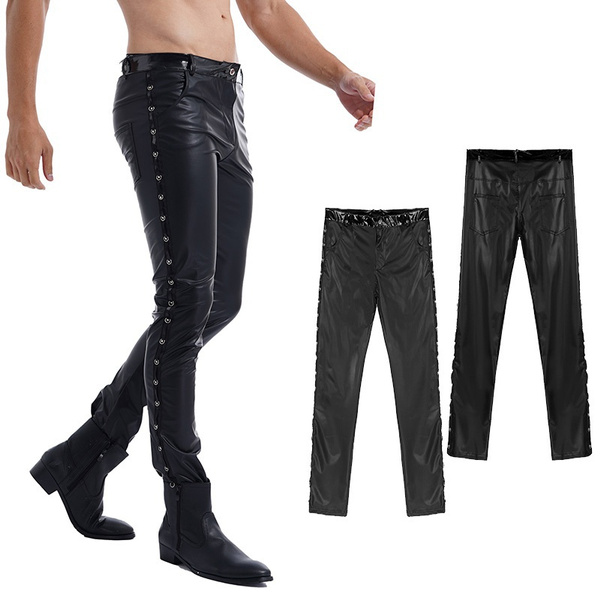 Men's Black Party Stage Performance Slim Fit Faux Leather Shiny Pants