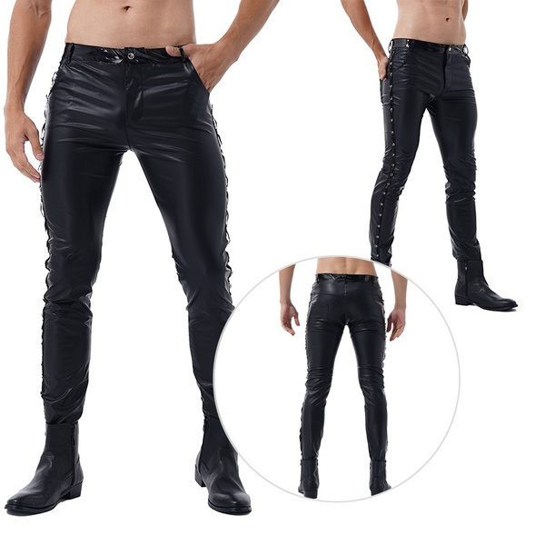 Brand 2023 Men Leather Pants Skinny Fit Elastic Fashion PU Leather Trousers  Male Motorcycle & Biker Pants Punk Party Pants - AliExpress