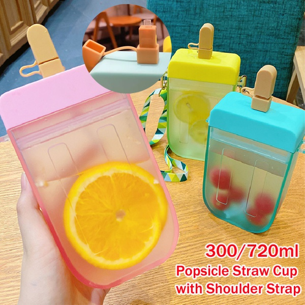 【NEW UPGRADE】300ml Cute Popsicle Straw Cup with Shoulder Strap Plastic ...