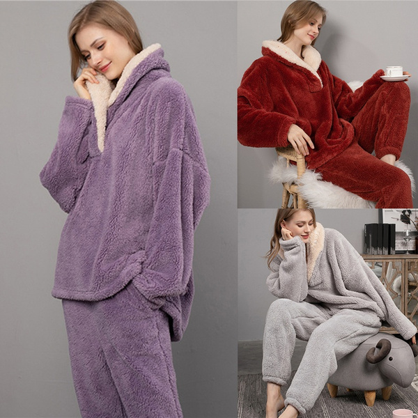 New 2Pcs Women s Fashion Simple Loose Casual Pullover Warm Pajamas