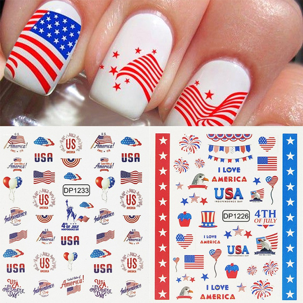 2021 hot sale nail stickers 1pc USA flag 3D I love America USA independence  day nail sticker decal nail art stickers decoration Five-pointed star  celebrate manicure United States Fireworks USA emblem with