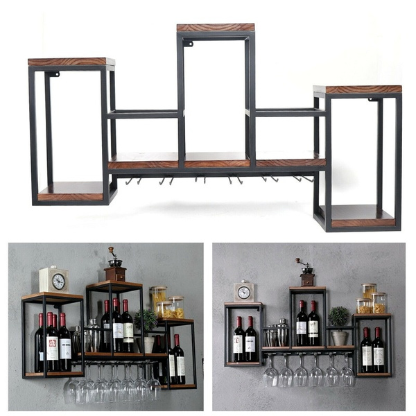 Wall Mounted Drink Bottle Holder Wood Shelf Wine Rack Bar Storage