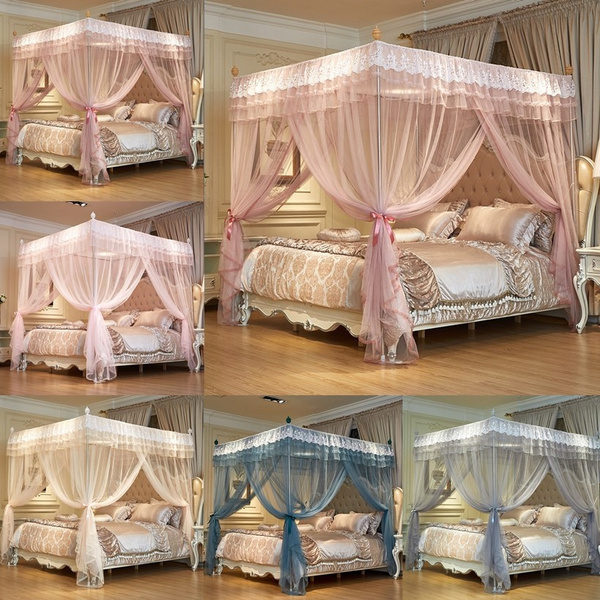 Embroidery Lace Mosquito Net for Bed，4 Corner Canopy for Beds, Canopy