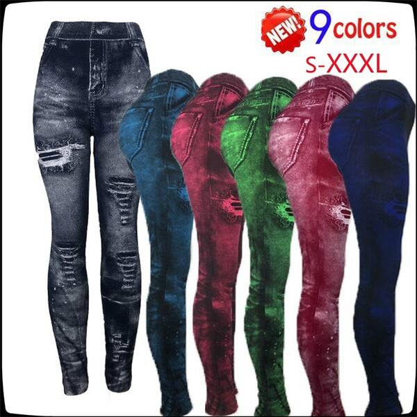 Plus Size 8 Colors Womens Pants Casual Denim Jeans Ripped Stretch Yoga  Leggings Ladies High Waist Denim Print Slim Skinny Tight Trousers( Looks  Like Jeans,as Soft As Leggings)
