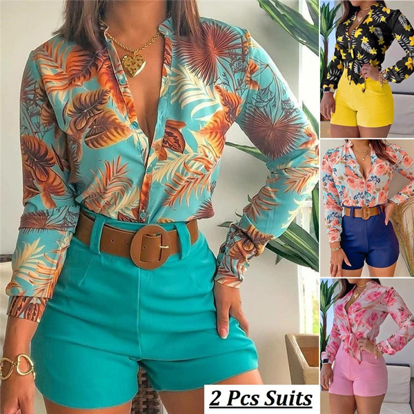 2Pcs Suits Womens Summer Fashion Long Sleeve Chiffon Blouse Shirts and  Casual High Waist Short Pants（7 Colors）