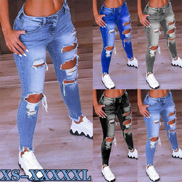 New Women's Fashion Casual Ripped Jeans Splicing Color Ripped Trousers ...