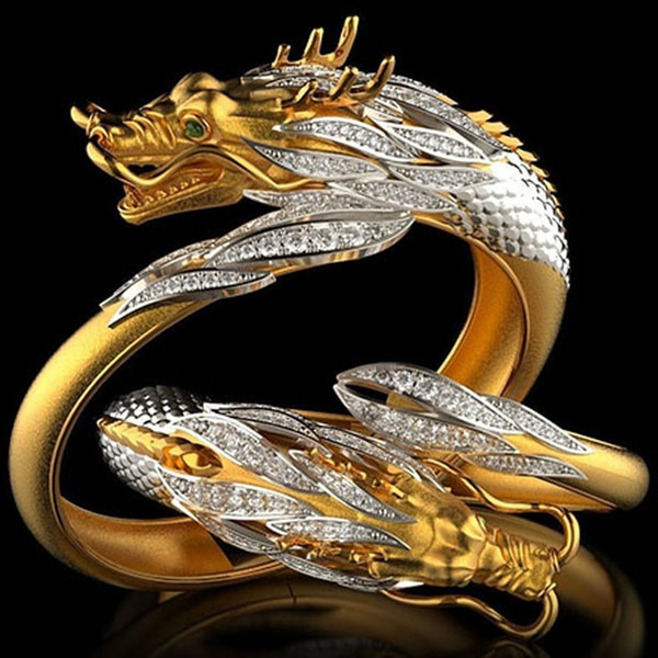 Two Dragon Rings Business Men's Fashion Two Tone Rings Luxury Domineering Dragon Rings ...