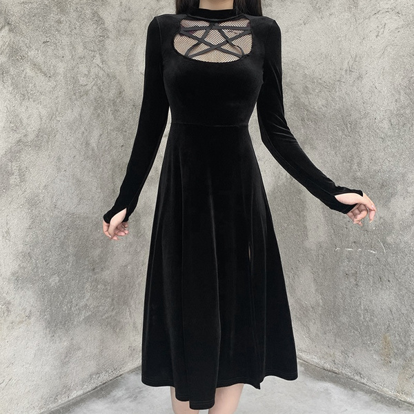 Gothic Vintage Balck Long Sleeve Dress Woman Elegant Fashion