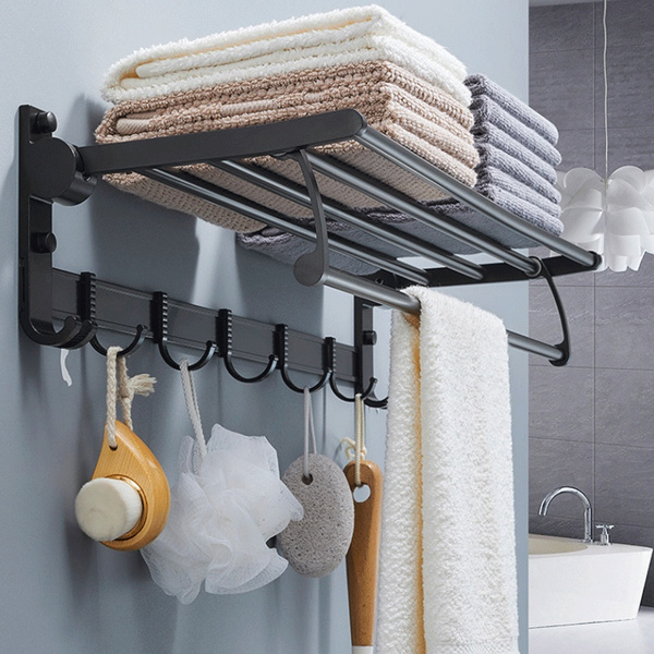 New Nail Free Foldable Bath Towel Rack Active Bathroom Towel Holder Double  Towel Shelf With Hooks Bathroom Accessories
