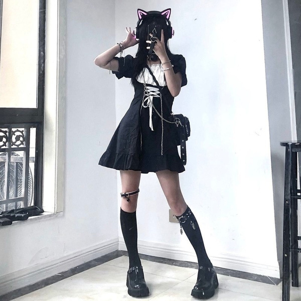 Goth Maid Dress Kawaii Gothic Milkmaid Lolita Outfit Cosplay Costumes E  Girl Puff Sleeve Bandage Dress 2021 Mall Goth Emo