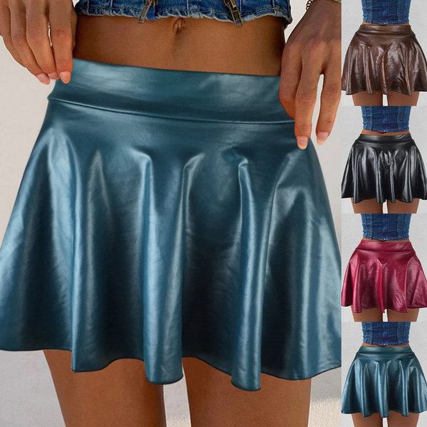 Women Sexy Circle Skirt Mini Skirts Pleated Latex Flared High Waist PU ...