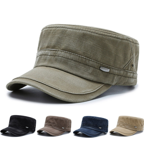 Vintage Army Patrol Cap - Washed Cotton Flat Top Hat, Adjustable 56-59cm (Khaki) - View #11
