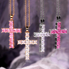 Cubic Zirconia, Party Necklace, Cross necklace, pinknecklace