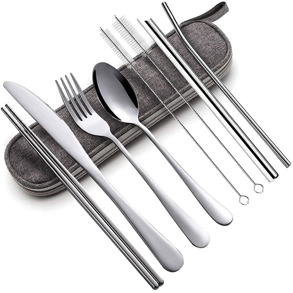 8Pcs Stainless Steel Cutlery Set Portable Spoon Fork Chopsticks Tableware Travel 
