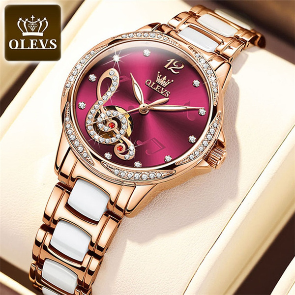 OLEVS Automatic Watch for Women Luxury Brand Ceramic Steel Strap Mechanical Watch Diamond Waterproof Female Clock Montre Femme