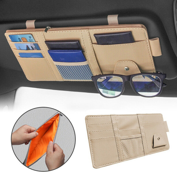 Car Leather Sun Visor Organizer Interior Pocket Pen Glasses Bag Storage Holder