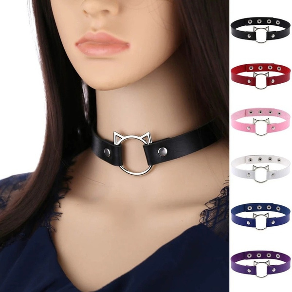 Woman Black Punk Choker Collar Necklace Pu Leather Goth Rivets