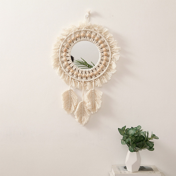 Woven Hanging Wall Mirror Boho Macrame Leaf Pendant Art Decoration for