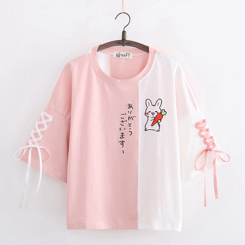 Girl Japanese T-shirt Top Cute Tee Rabbit Embroidery Lace Up