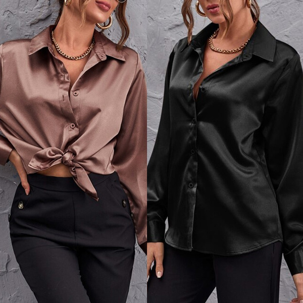 Autumn Long Sleeve Shirt Satin Silk Lapel Elegant Office Blouse Plus Size Tops Blusas | Wish