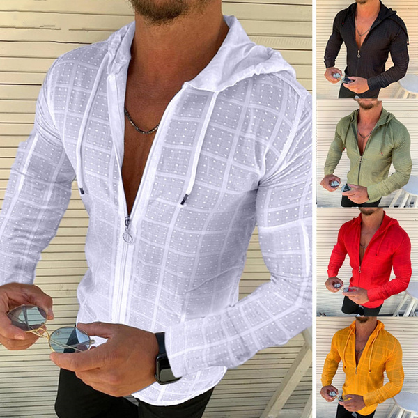 New Men's Shirt Casual Long Sleeve Zipper Shirt Slim Fashion Solid-Color  Plaid Hooded T-shirt Social Men's Top Casual Print T-shirt For Men