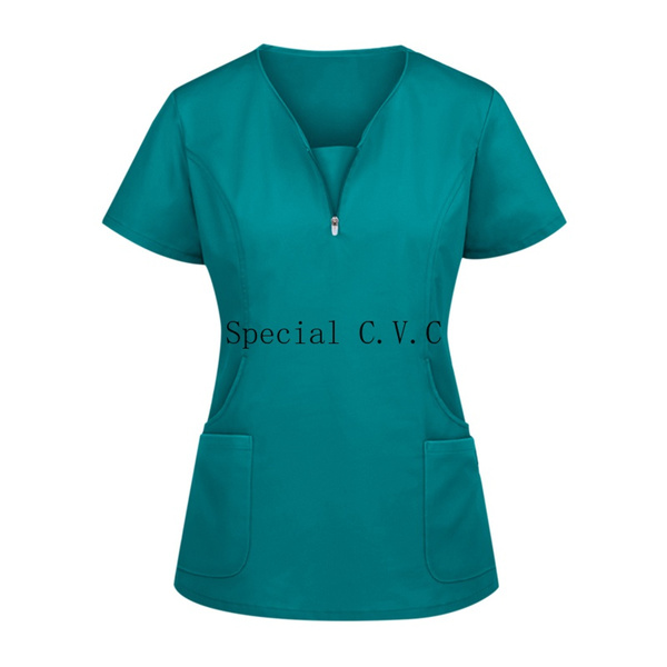Women Scrubs Short Sleeve Medical Uniforms Zipper Neck Nurse Scrubs Spa