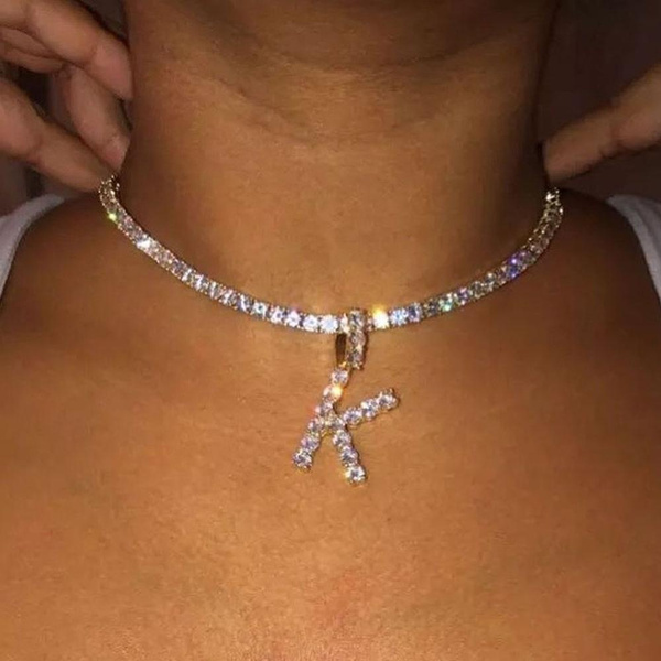 Tennis Silver Chain Initial Diamond Crystal Choker Necklace for