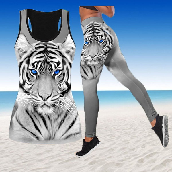 Tiger Yoga Outfit For Women Fashion 3D Printed Workout Leggings Fitness  Sports Gym Running Lift The Hips Yoga Pants Tank Top Yoga Set Plus Size XS-8XL