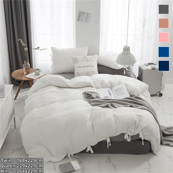 Bow Knot Tie Solid Color Bedding Sets Quilt Cover Set Kingsize Soft