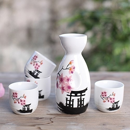 5 Piece Japanese Sake Cup Set Hand Painted Cherry Blossoms Flower Design Porcelain Pottery Traditional Ceramic Cups Crafts Wine Glasses 