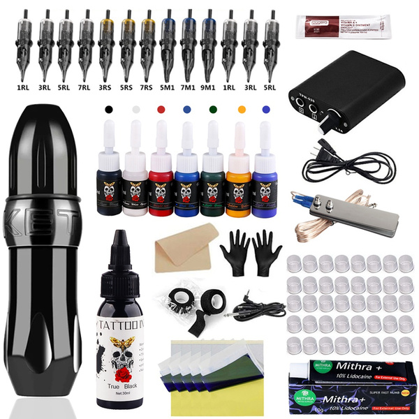 Complete Tattoo Kit Rotary Machine Pen 10pcs Needle Cartridges Inks Digital Power Supply