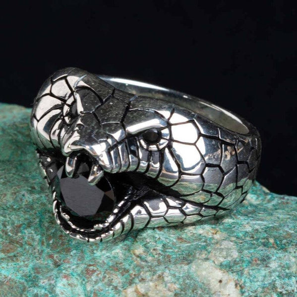 Snake Motif Black or Red Stone Silver Mens Ring, Handmade Ottoman ...