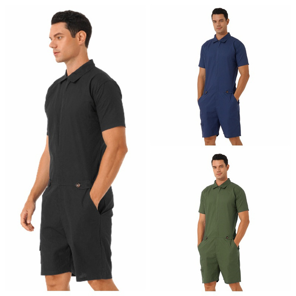 3 Colors Men Jumpsuit Stylish Short Sleeve Pockets Zipper Jumpsuit Coverall Work Clothes