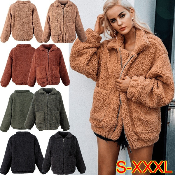 Women Winter Hoodie Warm Plush Coat With Zip Pocket Loose Coat