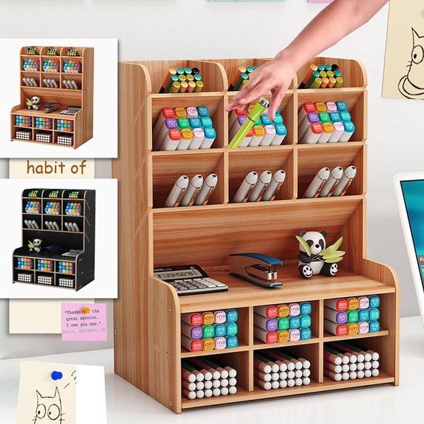 Wooden Desk Organizer Pen Holder Box Bamboo Desk Organiser Part Stationery  Storage Organiser Office Tidy