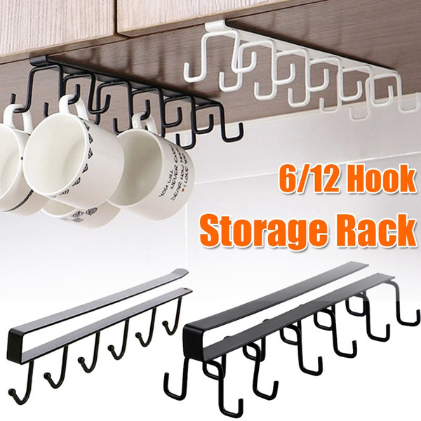 1pc Kitchen Cup Storage Rack With 12 Hooks, Under Cabinet Hanging