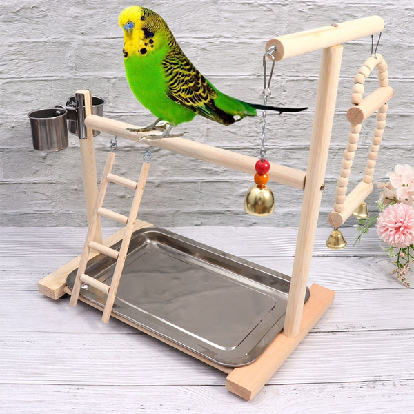 Wooden Parrot Playstands with Cup Toys Tray Bird Swing Climbing Hanging ...