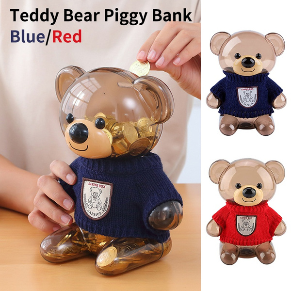 Piggy Bank Teddy Bear Plastic Large Capacity Coin Bank with Opening Money Box Gifts for Kids Boys Girls Transparent Coin Saving Box