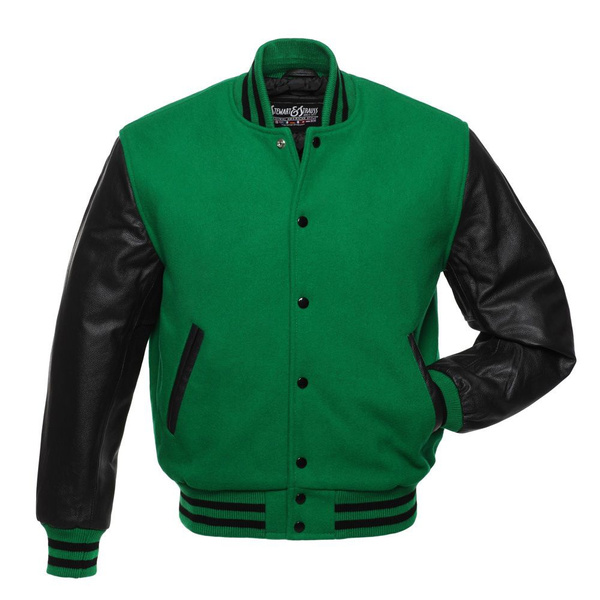 Kelly Green Wool Black Leather Sleeves Varsity jacket Letterman Bomber ...