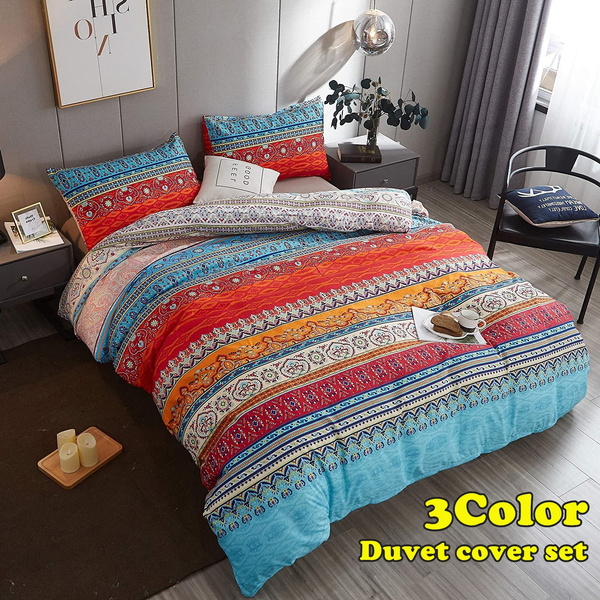 3Color Bohemian Quilt Duvet Cover Set Single Twin Double Full Queen King  Size Size Boho Retro Style Floral Striped Patchwork Print Luxury Soft  Bedding Set Comforter Cover (1 Duvet Cover+1/2 Pillowcases)