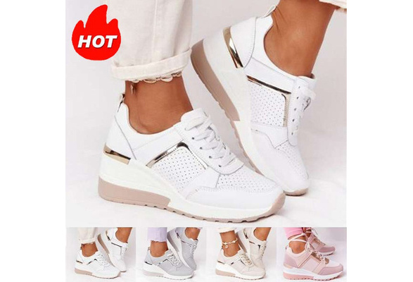 New Lady's High Top Wedge Heel Sneakers Women Pumps Lace Up Canvas  Sport Shoes