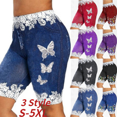 denim shorts women, butterfly, Plus Size, Women Leggings