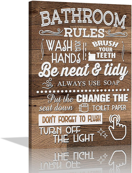 Bathroom Canvas Wall Art Toilet Funny Rules Sign Poster Wood Grain ...