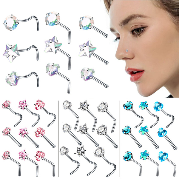 12pc/9pc/3pc CZ Crystal Nose Studs Nose Ring Set Stainless Steel ...