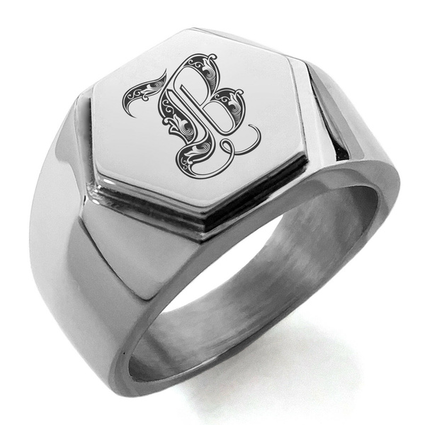 Stainless Steel Royal Initial Monogram Letter B Mens Hexagon Crest ...