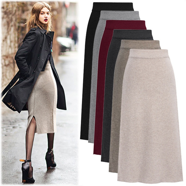 Wool Skirt Female Mid-length Plus Size Slit Woolen Skirt Hip Skirt High  Waist Long Skirt