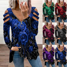 sleeve v-neck, Fashion, Hollow-out, Women Blouse