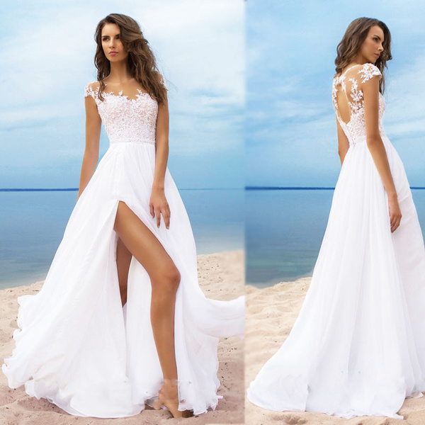 Women's White Sleeveless Long Wedding Dress Midwaist Sexy Deep V