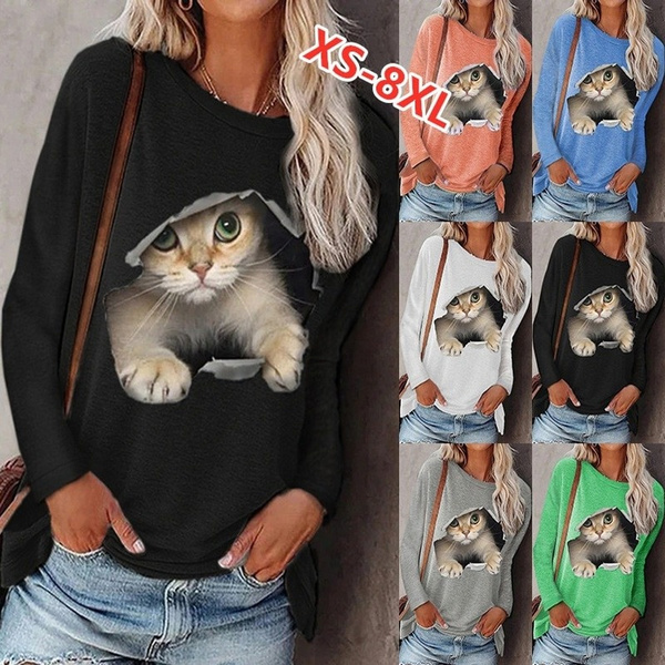 Women Casual Sprint Sweatshirt Cat Print Denim Sleeve Pullover Hoodie Blouse Tee 