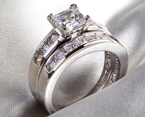 Sterling, White Gold, Engagement Wedding Ring Set, wedding ring